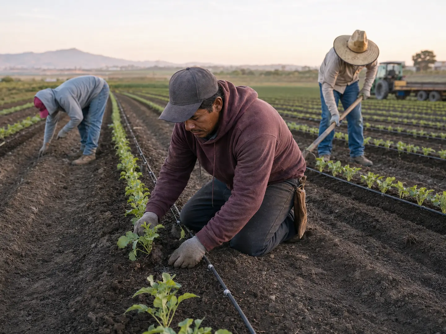 Trabajadores agrícolas cuidando cultivos jóvenes