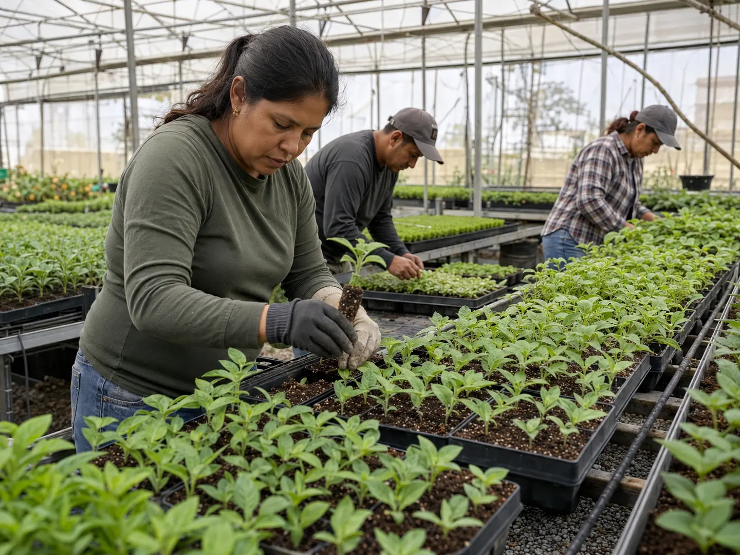 Trabajadores cuidando plantas en un vivero