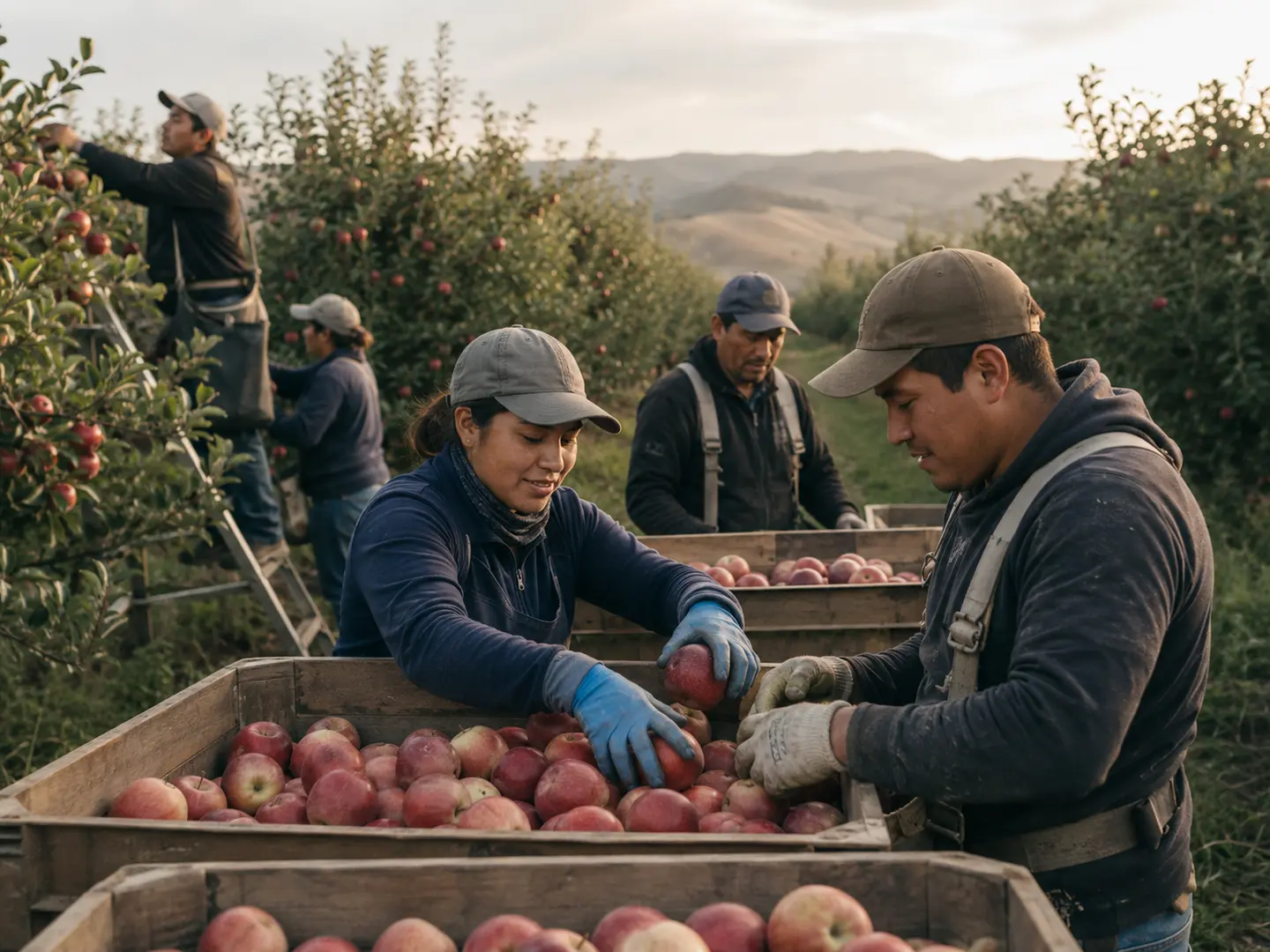 Equipo agrícola cosechando y seleccionando fruta