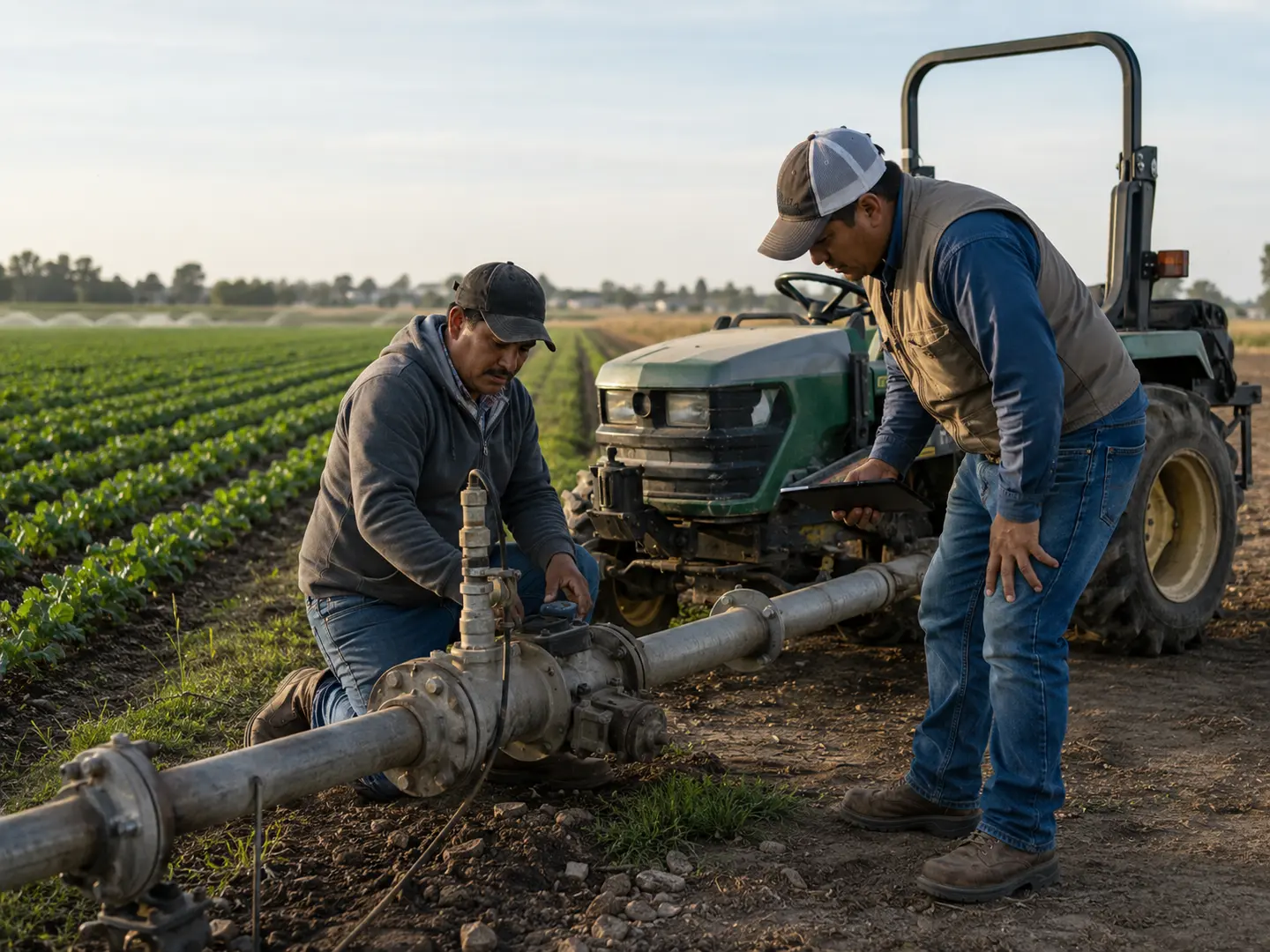 Trabajadores revisando equipo de riego agrícola