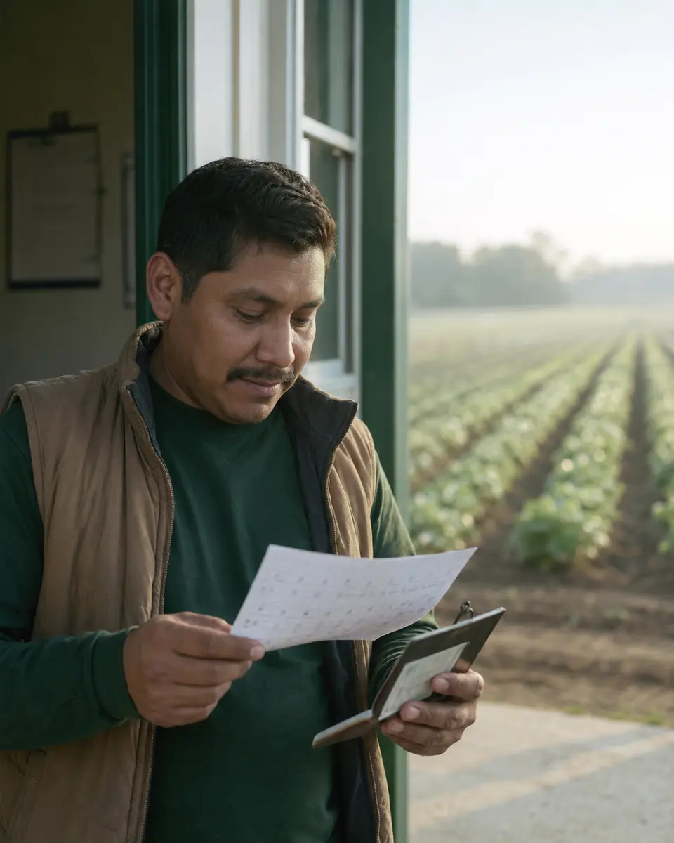 Trabajador agrícola organizando su experiencia y documentos