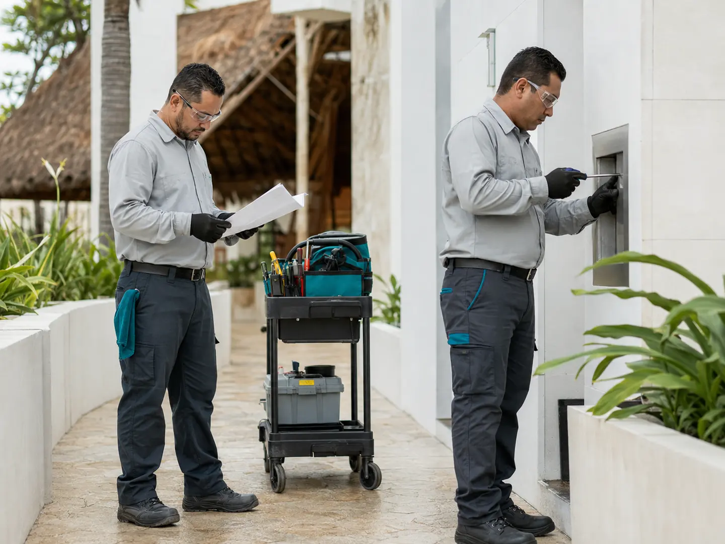 Trabajadores realizando mantenimiento comercial