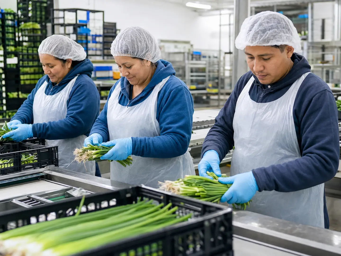 Equipo trabajando en procesamiento estacional de alimentos