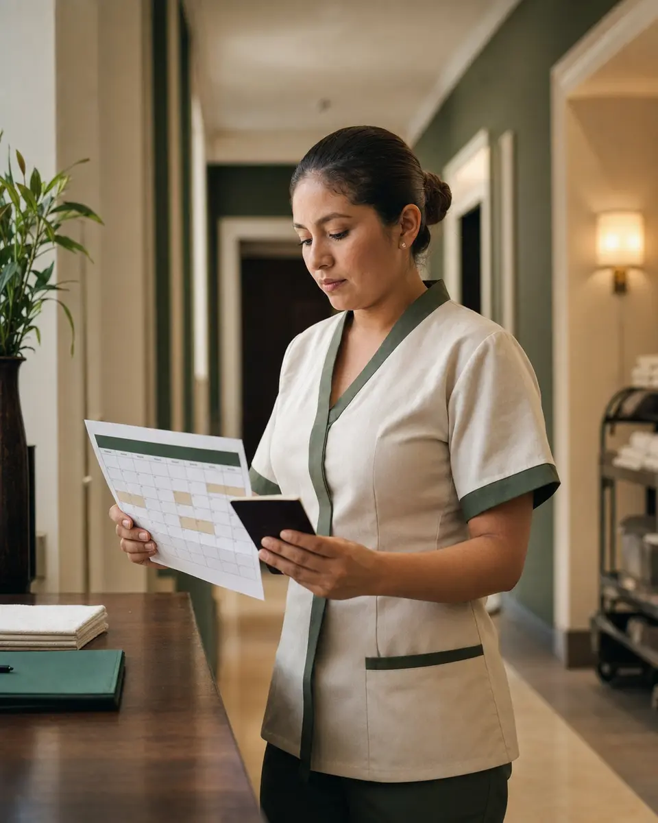 Trabajadora de hotel revisando su disponibilidad y documentos