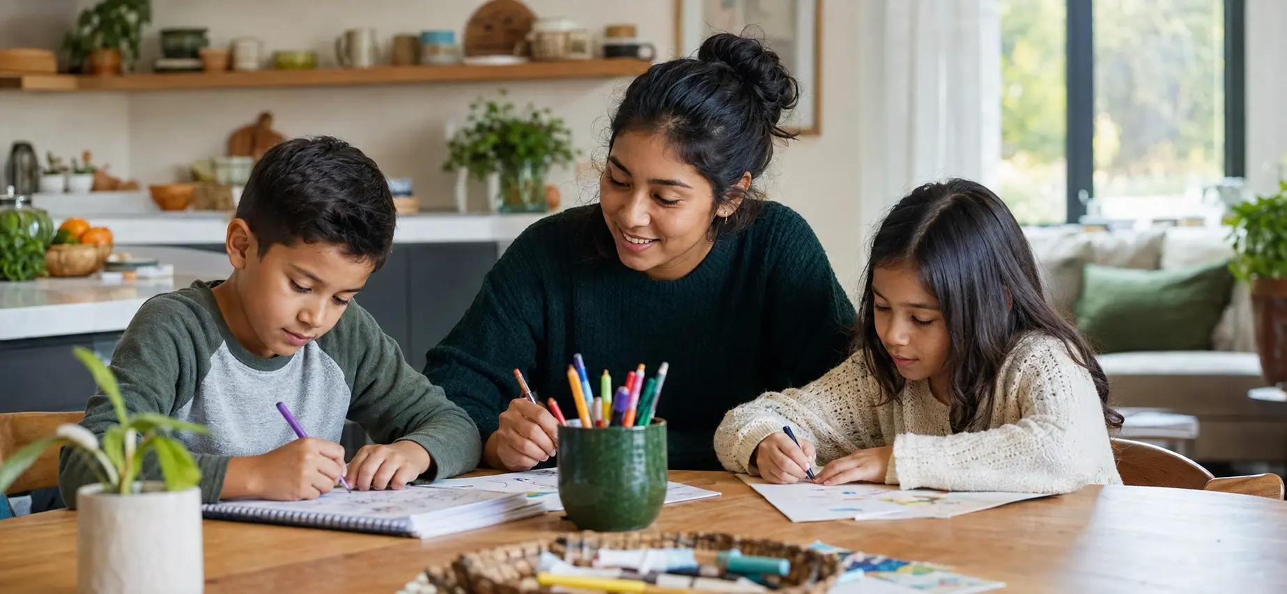 Au pair centroamericana realizando una actividad educativa con dos niños