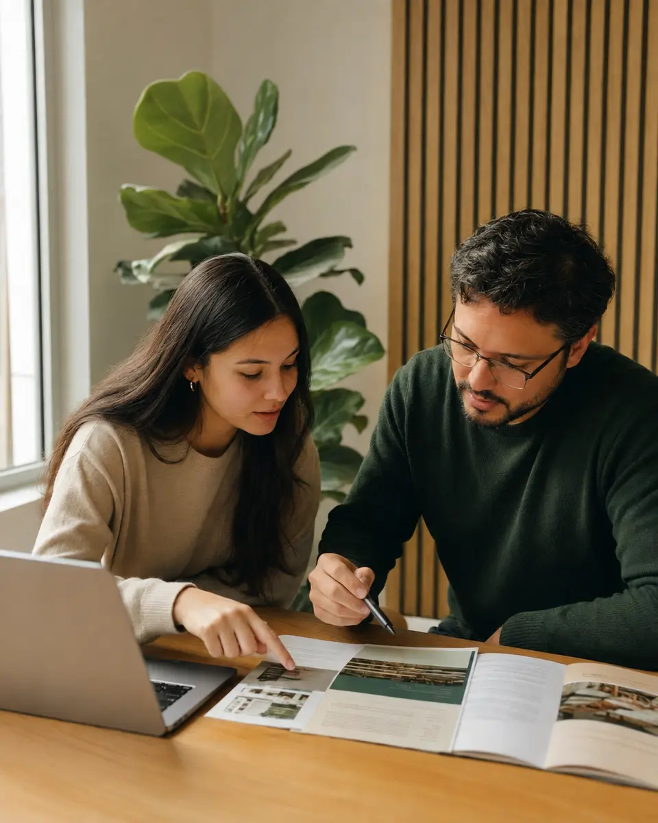 Recién graduada revisando los detalles de una práctica con una asesora