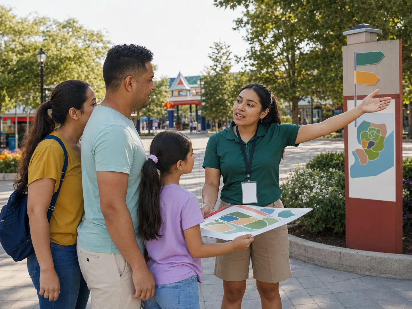Estudiante orientando visitantes en una atracción
